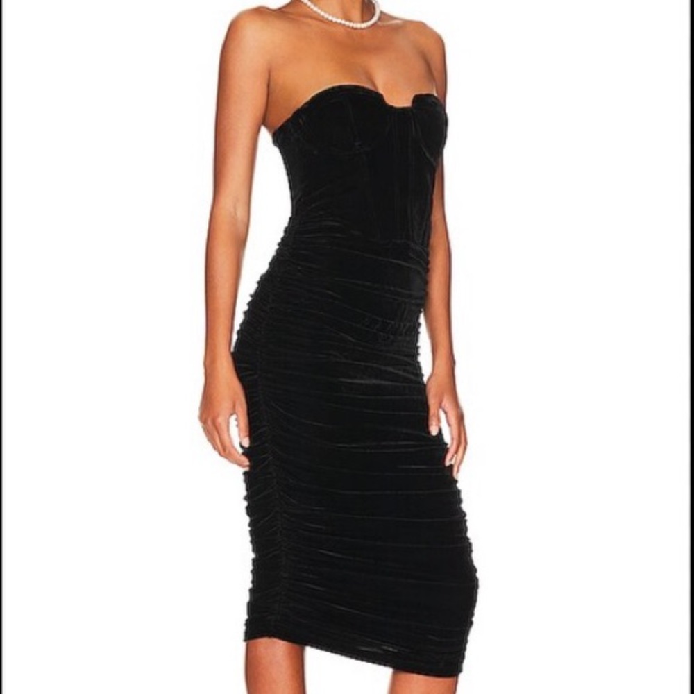 NWOT LOVERS + FRIENDS BLACK STRAPLESS VELVET CORSET MIDI DRESS